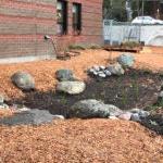 A school garden that has been freshly renewed with bark and new plants